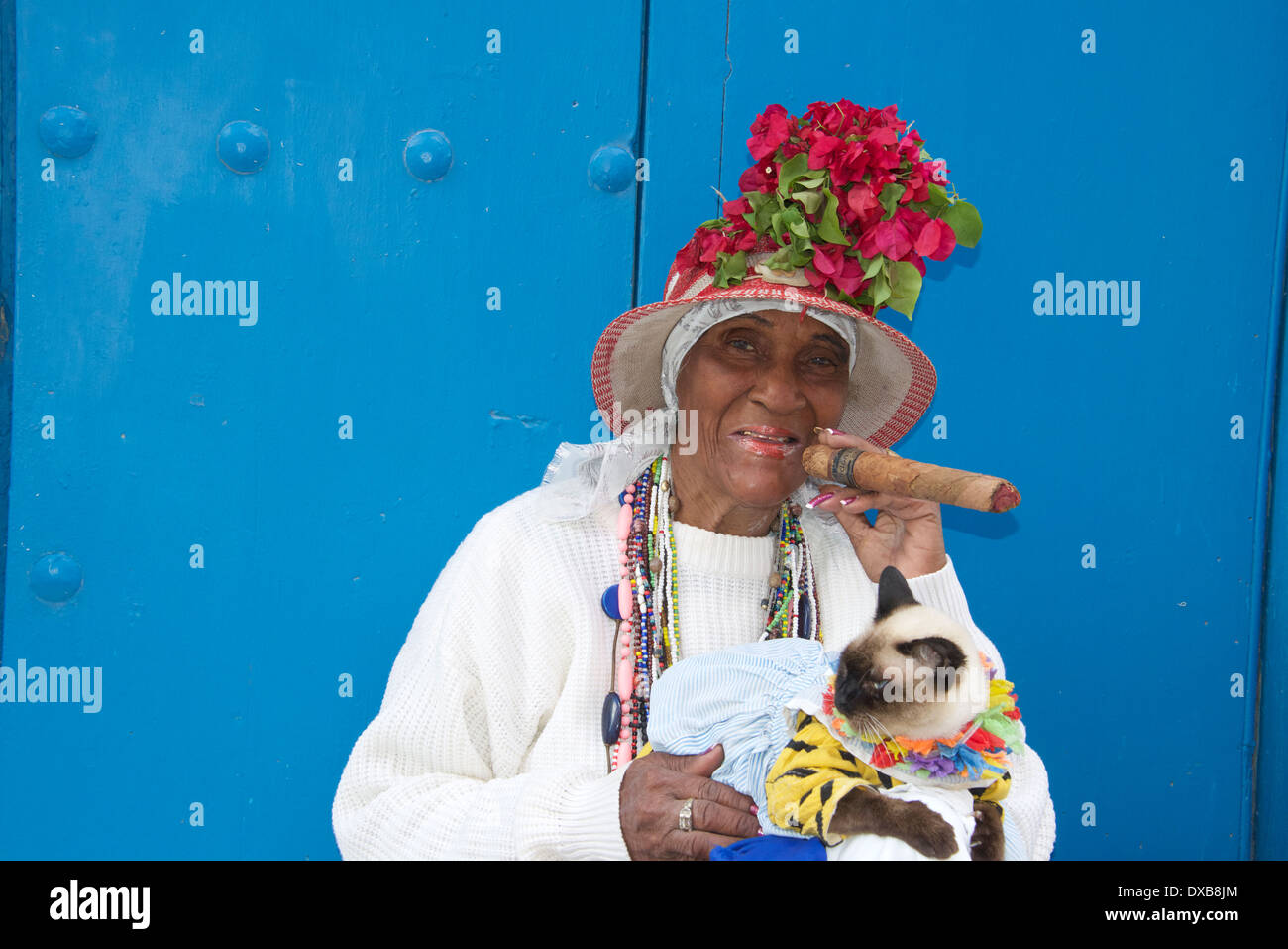 Vecchia donna che posano per una foto con il sigaro e cat Old Havana Cuba Foto Stock