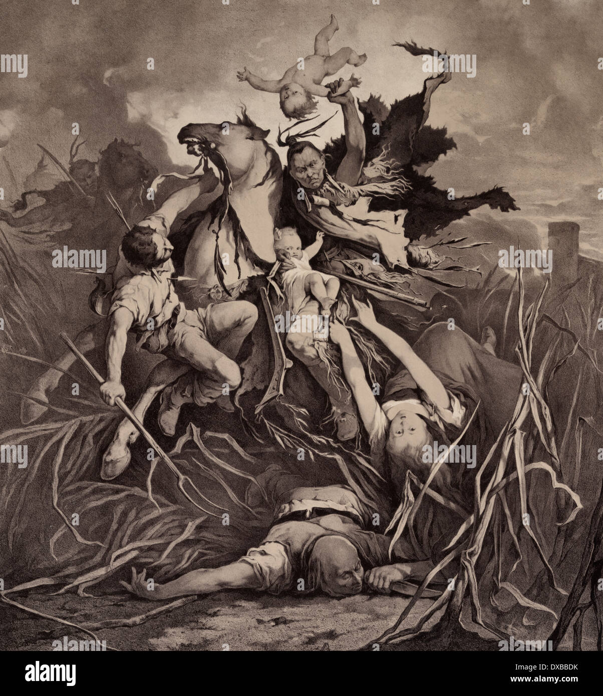 La vita della frontiera - Nativi Americani attaccando sedimentatore bianco famiglia nel West Americano, circa 1875 Foto Stock