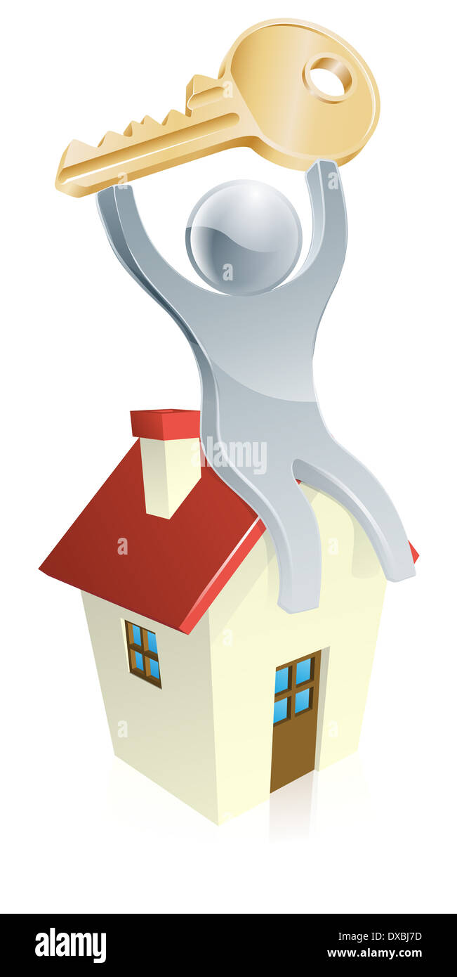 Illustrazione di felice mascotte argento uomo seduto su una casa con una chiave di casa nelle sue mani. Immobiliare di concetto Foto Stock