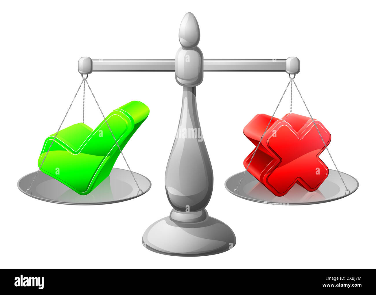 Decisione concetto scale con positivi e negativi essendo considerato, nella forma di un segno di spunta di colore verde e una croce di colore rosso Foto Stock