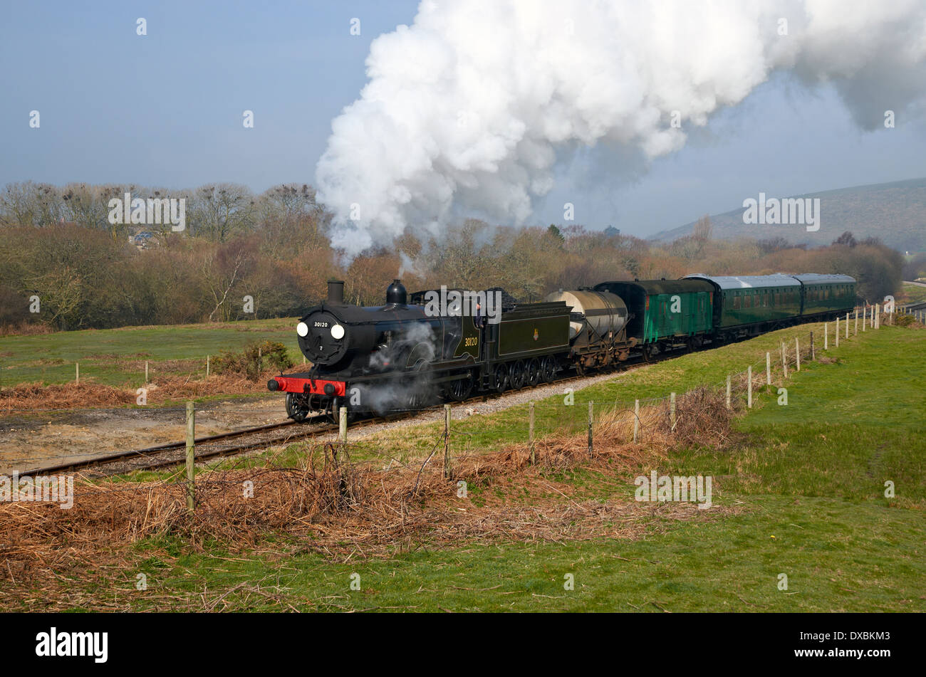 La rievocazione di una tipica Dorset derivazione di linea treno dei tardi anni cinquanta sulla ferrovia a Swanage, Dorset in aperta campagna Foto Stock