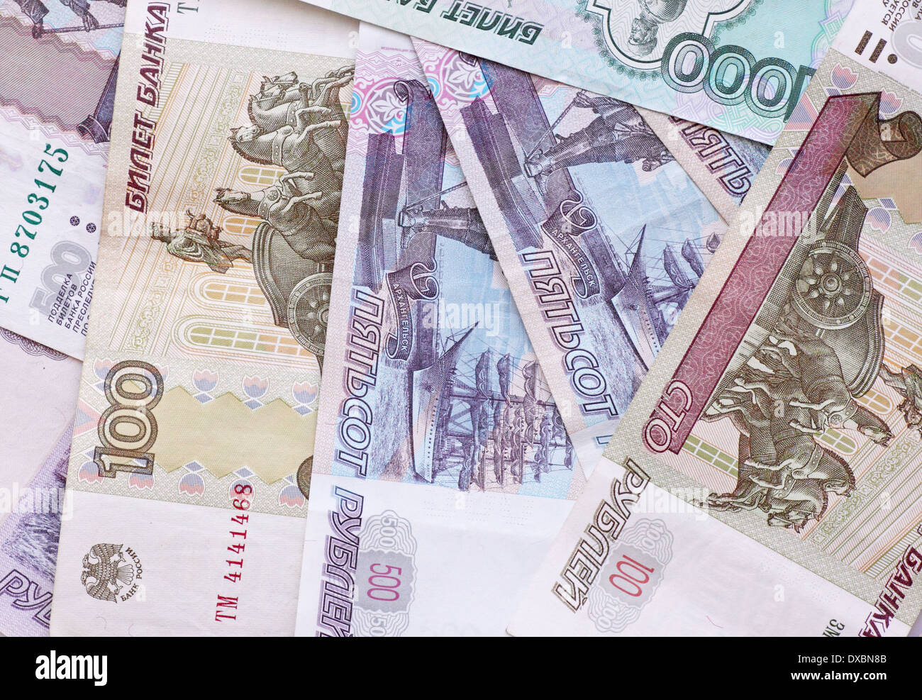 Chiusura del mucchio di ruble banconote Foto Stock