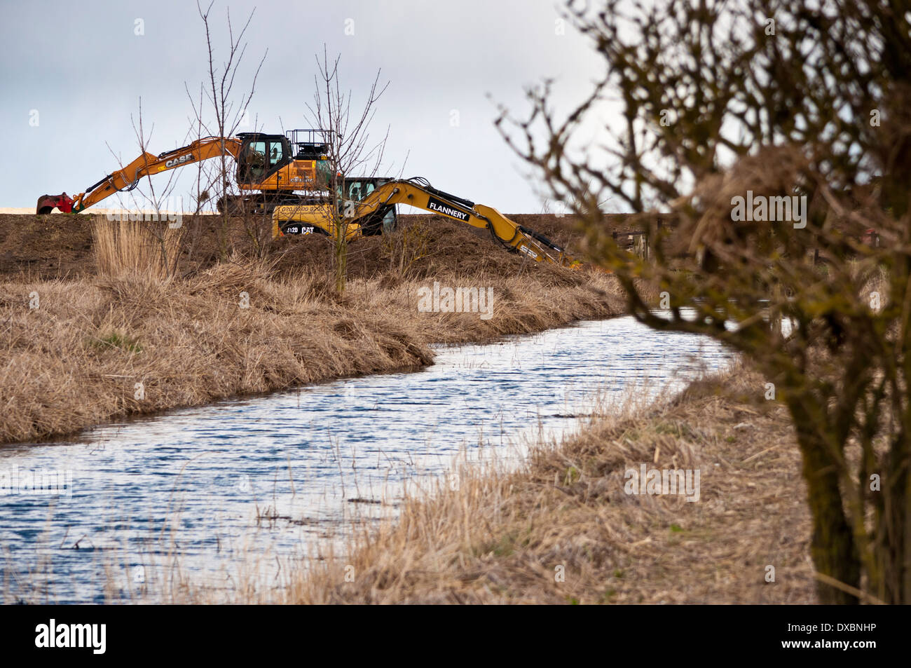 Escavatrice repaiaring drenaggio Cley ditchs saltmarsh Foto Stock