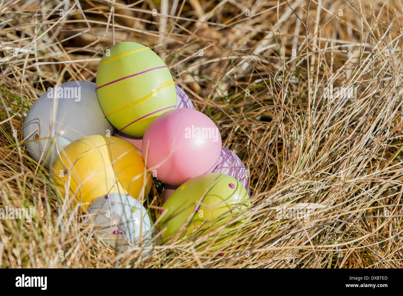 Primo piano di colori pastello le uova di pasqua su erba secca sfondo Foto Stock