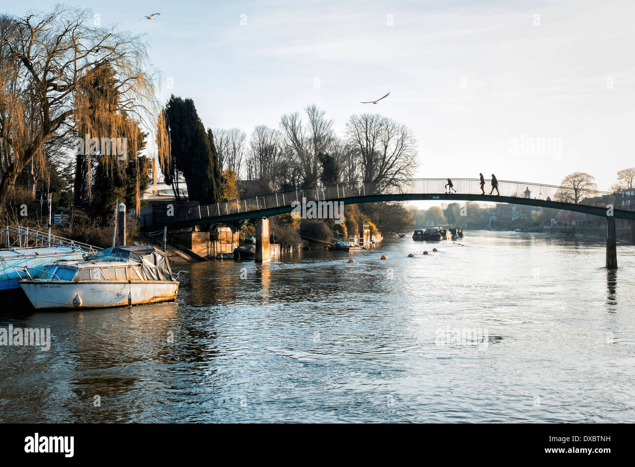 La gente camminare attraverso un ponte pedonale oltre il Tamigi a Eel Pie Island - Twickenham, London, Regno Unito Foto Stock