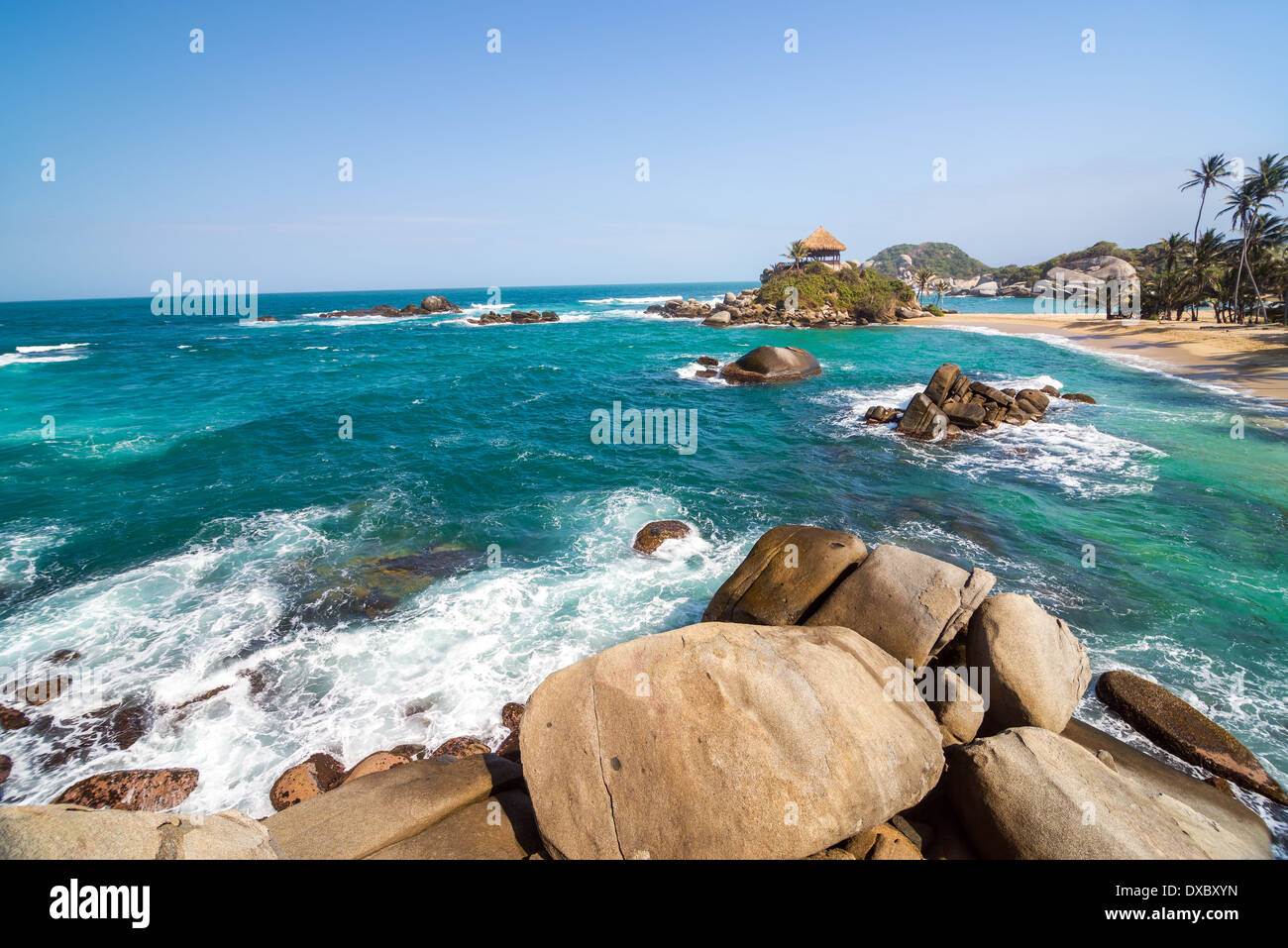 Spiaggia e acqua turchese a Cabo San Juan del Guia nel Parco Nazionale Tayrona in Colombia Foto Stock