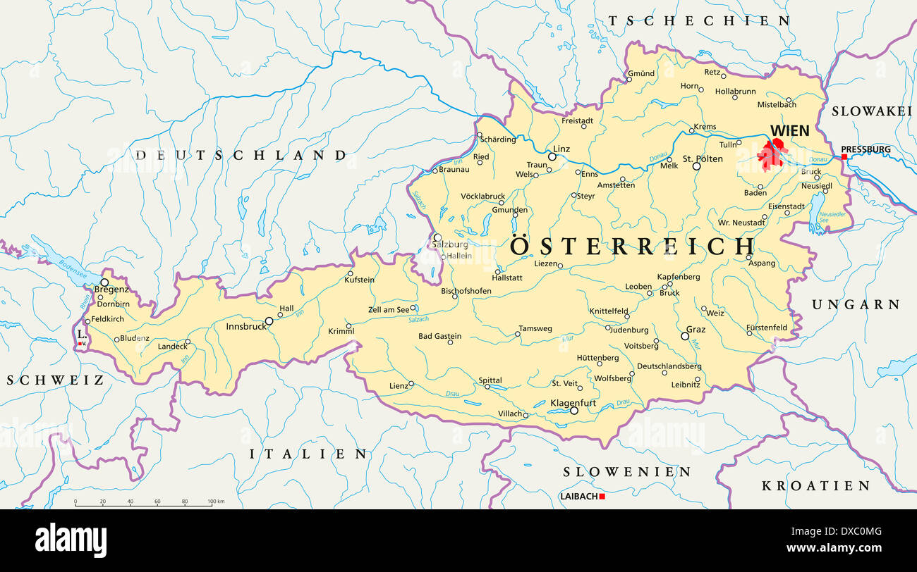 Mappa politica dell'Austria con la capitale Vienna, confini nazionali più importanti città, fiumi e laghi. Foto Stock