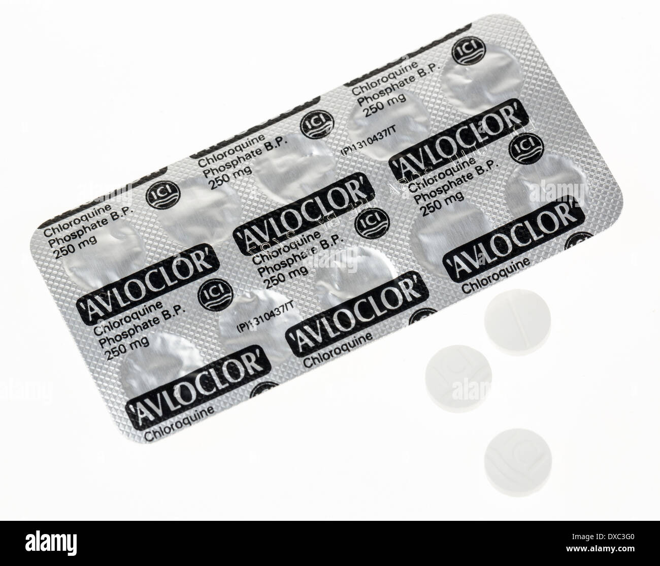 Avloclor tabelle con ingrediente attivo Clorochina fosfato per il trattamento antimalarico Foto Stock