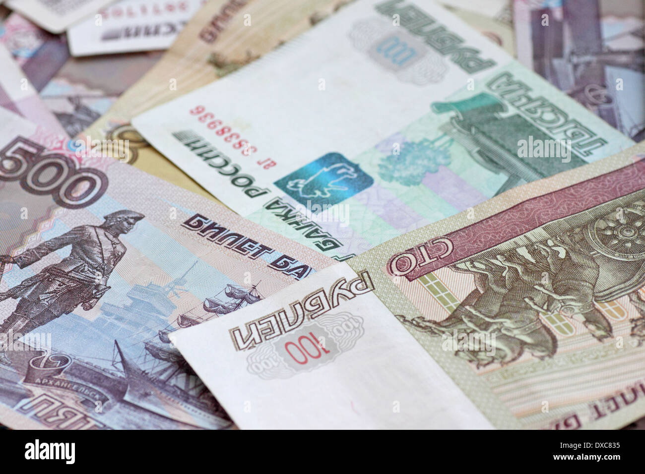Chiusura del mucchio di Federazione Russa banconote Foto Stock