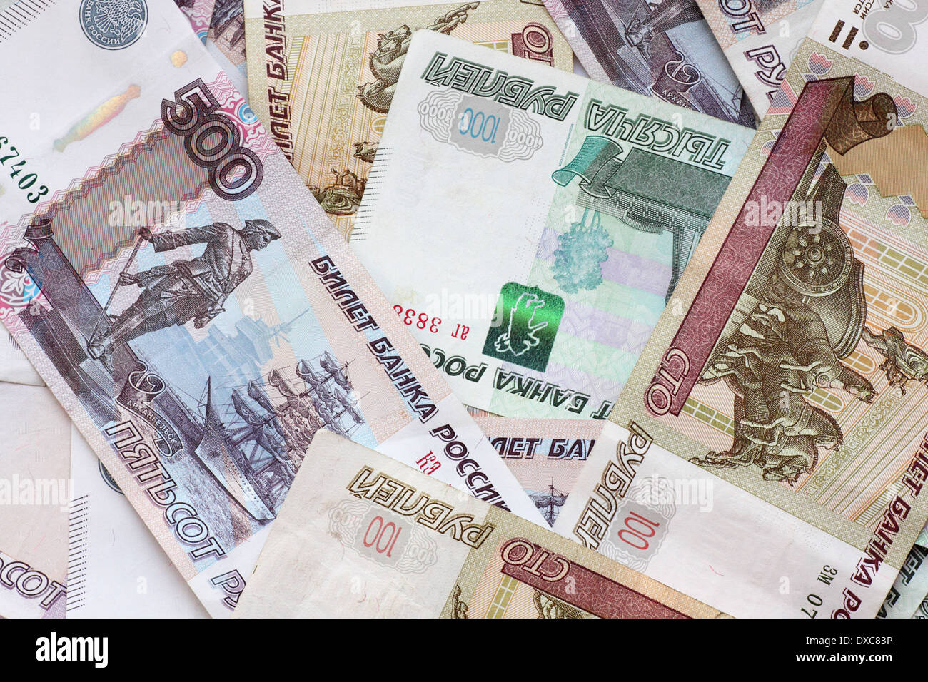 Chiusura del mucchio di Federazione Russa banconote Foto Stock
