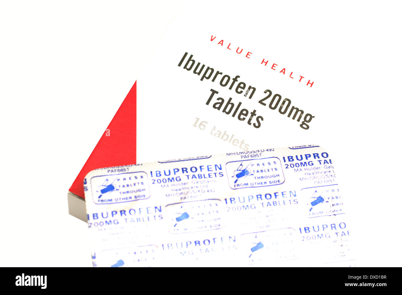 Supermercato & marchio generico confezioni di compresse di ibuprofene e caplet con informazioni in braille per i non vedenti ipovedenti Foto Stock