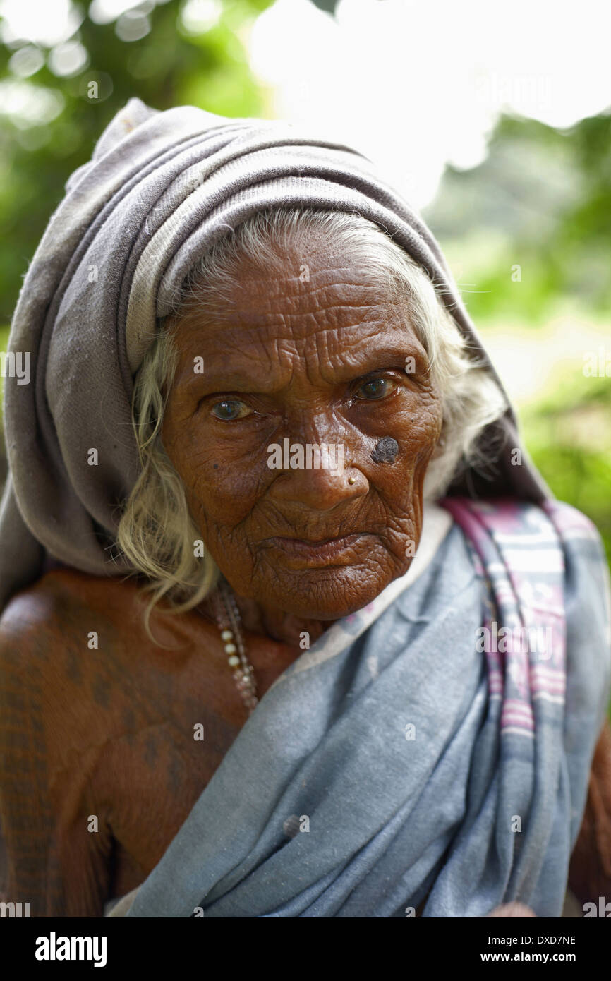 Ritratto di una vecchia signora tribali. Tribù Santhal. Villaggio Jarkatand, Bokaro distretto, nello stato del Jharkhand Foto Stock