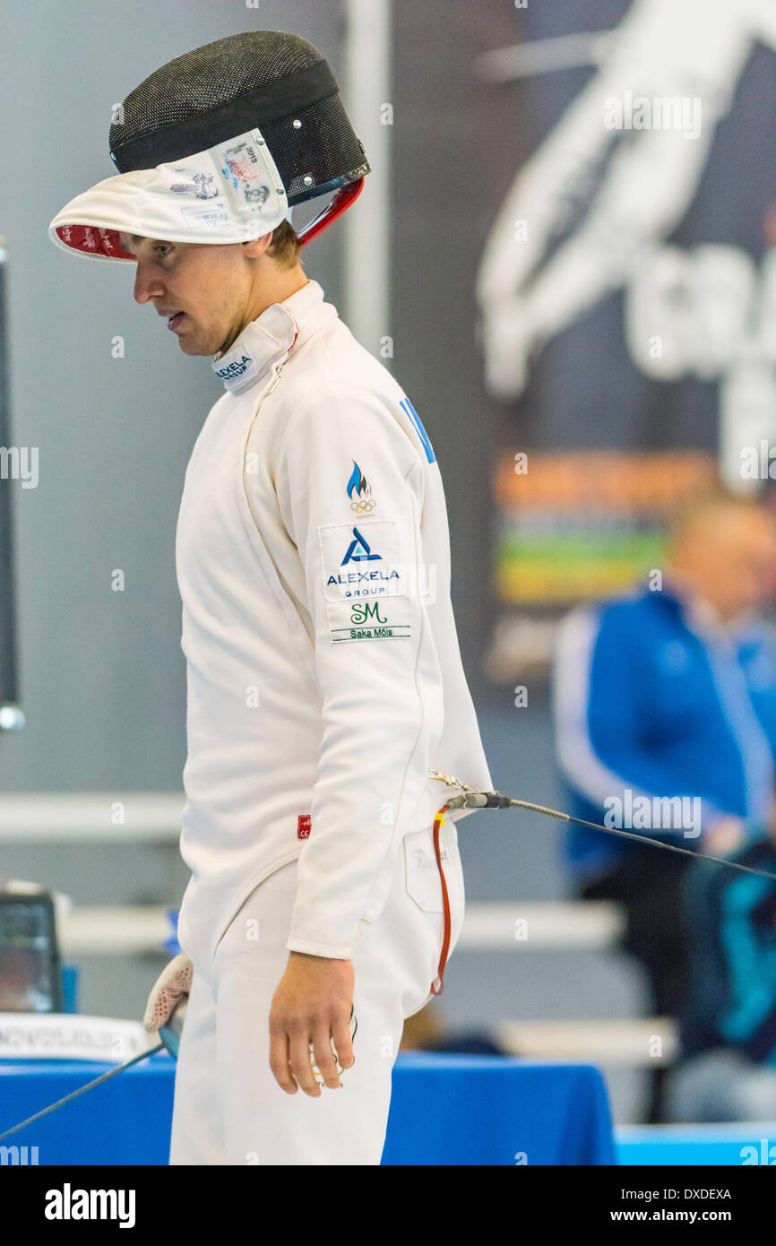 NOVOSJOLOV (EST) a Vancouver uomini 2014 Grand Prix di Epee al Richmond Olympic Oval Richmond , British Columbia Canada il 23 marzo 2014 . Fotografo : Frank Pali Foto Stock