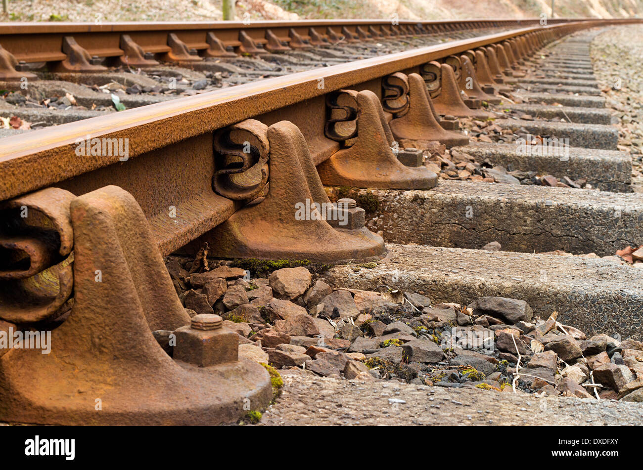 Heritage rail road binari del treno extreme close up e la dissolvenza in distanza. Foto Stock