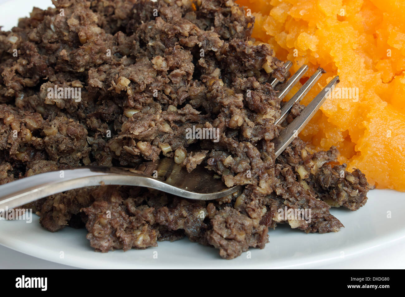 Musica Tradizionale Scozzese haggis e neeps close up, chiamato anche a burns supper. Foto Stock