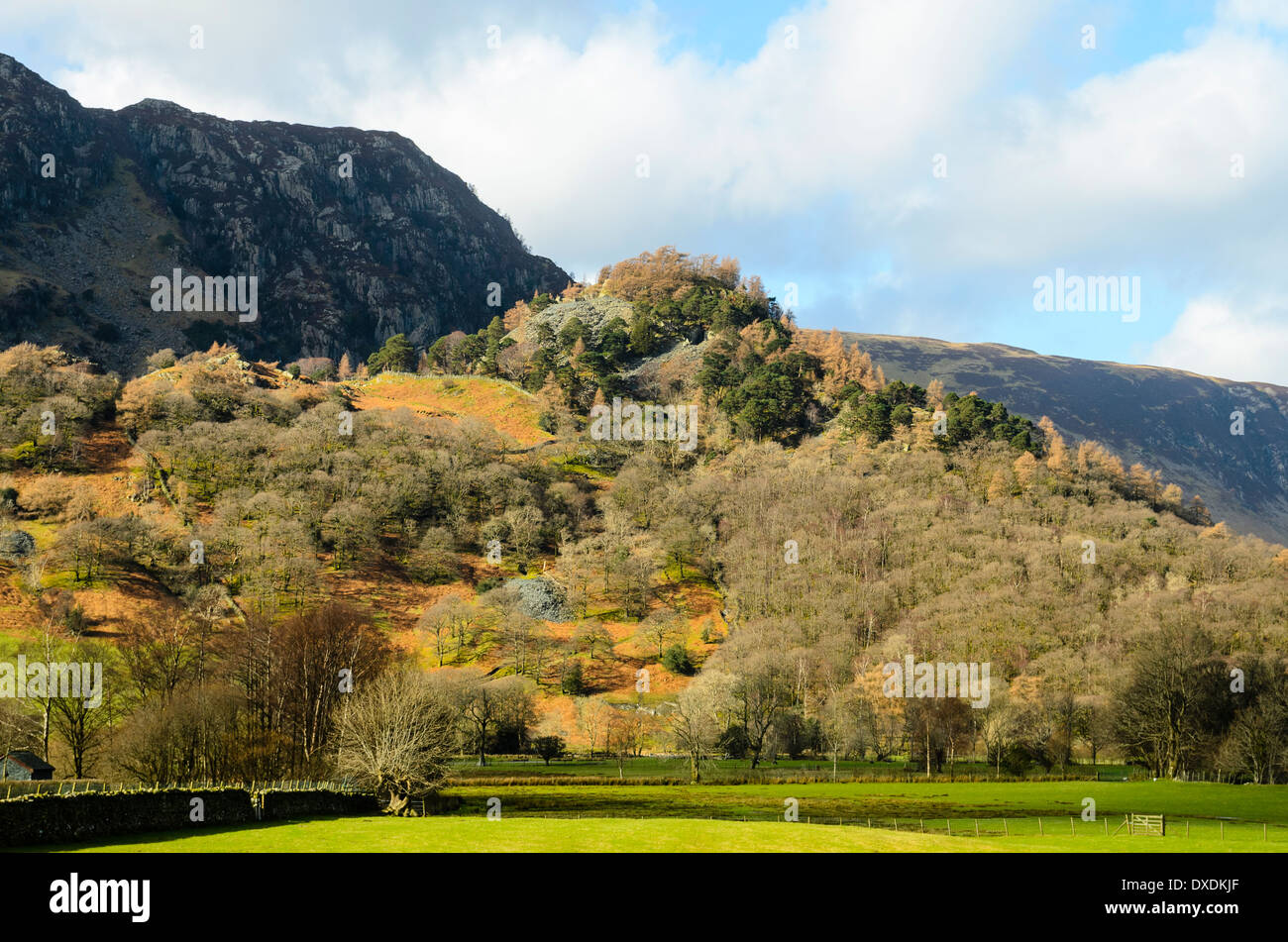 Castello Roccioso nella luce solare e piste di shadowing dei Maiden Moor dietro da vicino Rosthwaite a Borrowdale nel distretto del Lago Foto Stock