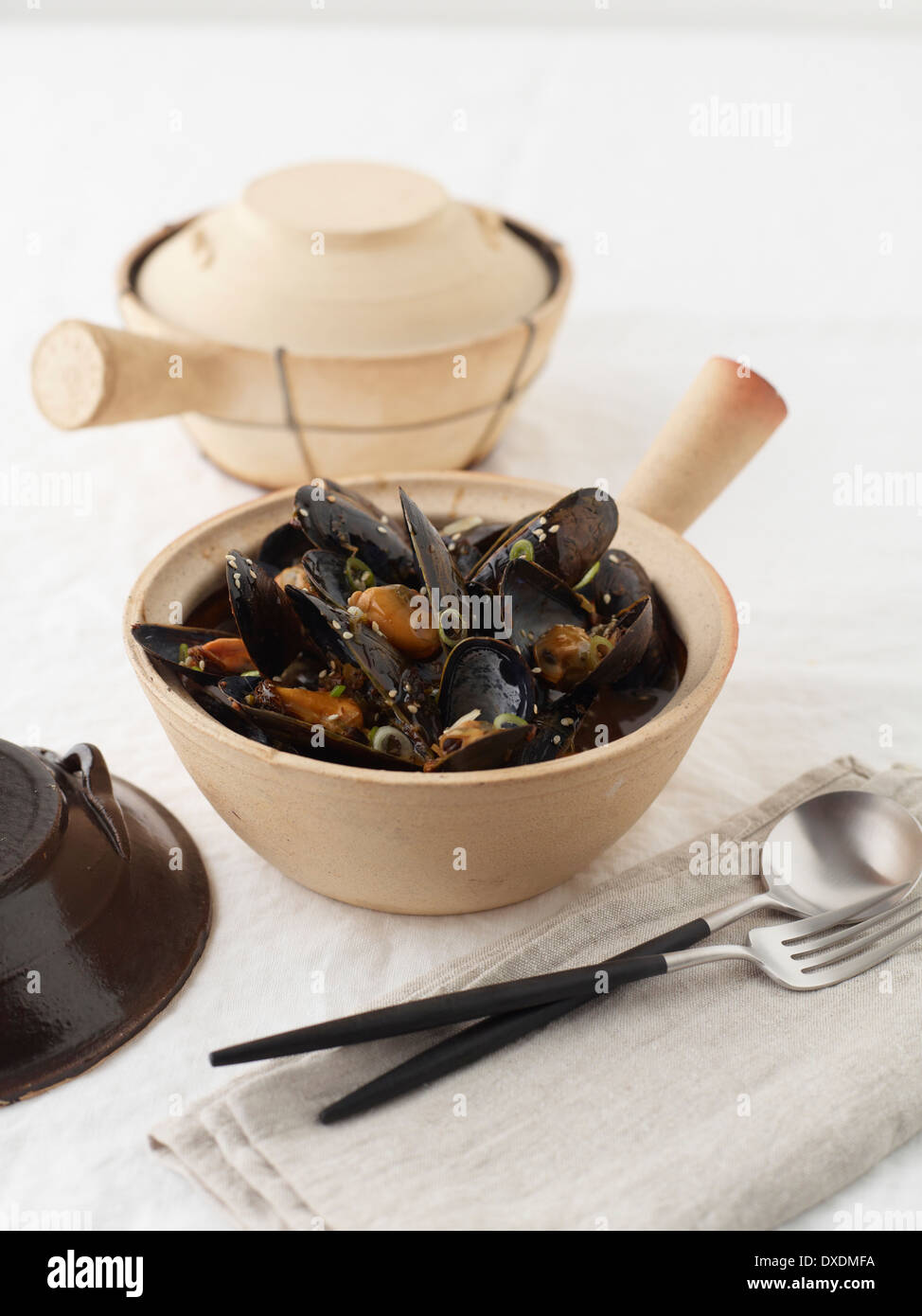 Le cozze in pentole di creta, Studio Shot Foto Stock