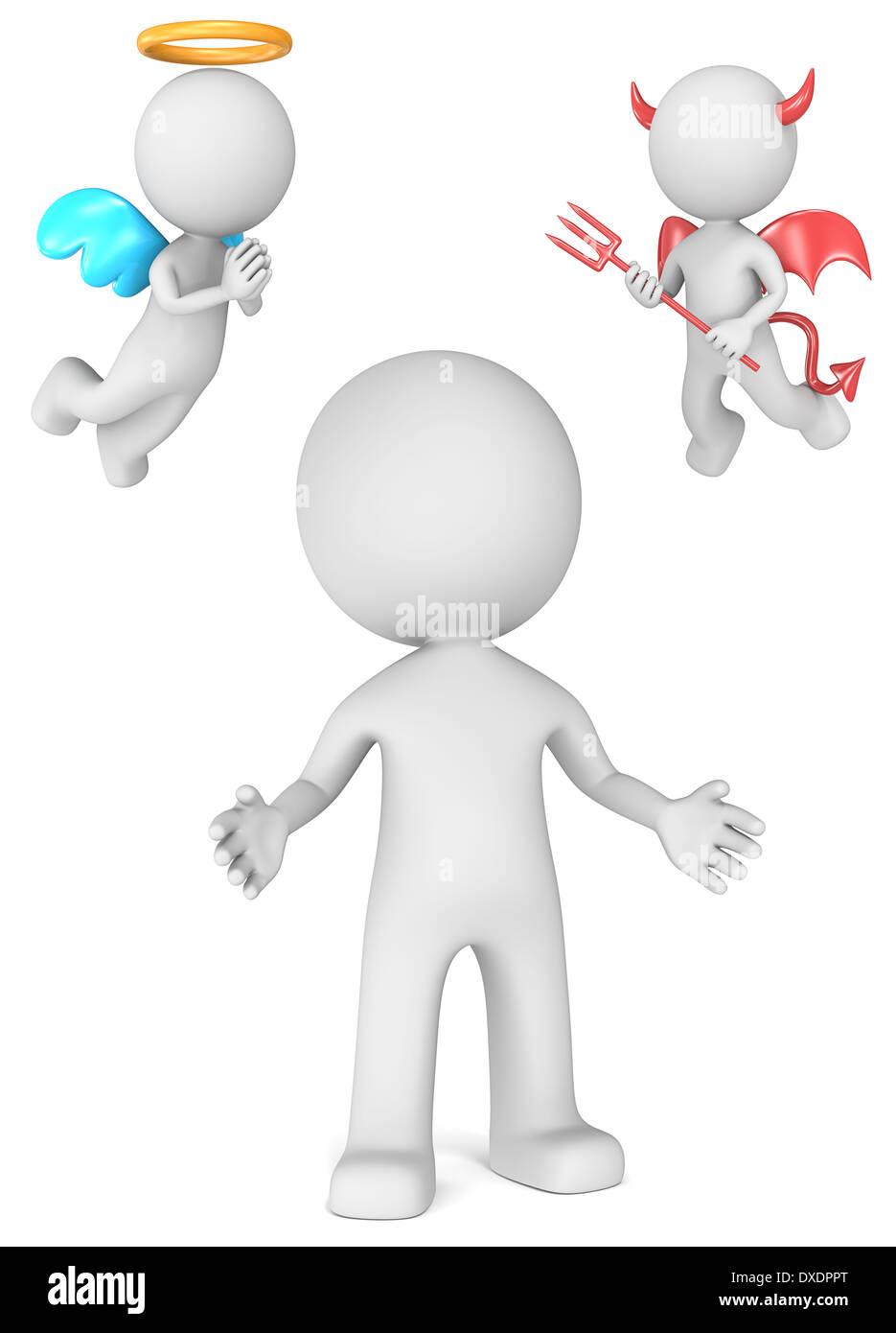 Il tizio con Angelo e diavolo. 3D poco carattere umano. Foto Stock