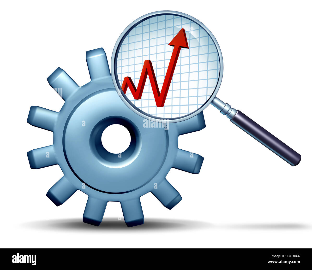 Le ricerche di marketing e analisi di business concept come un tridimensionale di ingranaggio o il dente di essere esaminato da una lente di ingrandimento che rivelano un profitto il grafico come un simbolo dell'industria o azienda informazioni finanziarie. Foto Stock