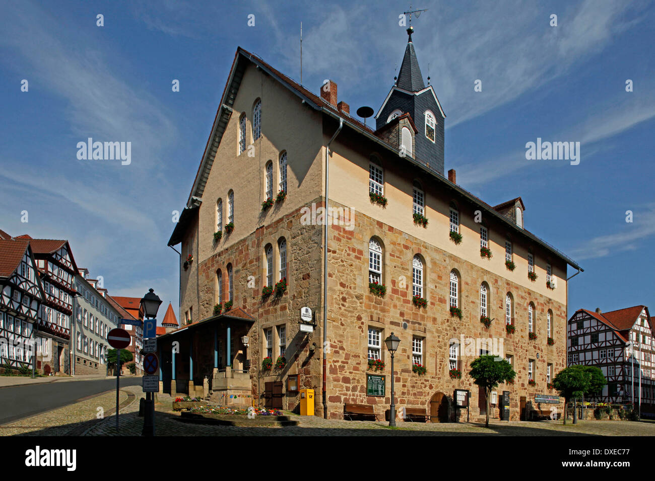 Piazza del mercato e il municipio, Spangenberg, Schwalm-Eder distretto, Hesse, Germania Foto Stock