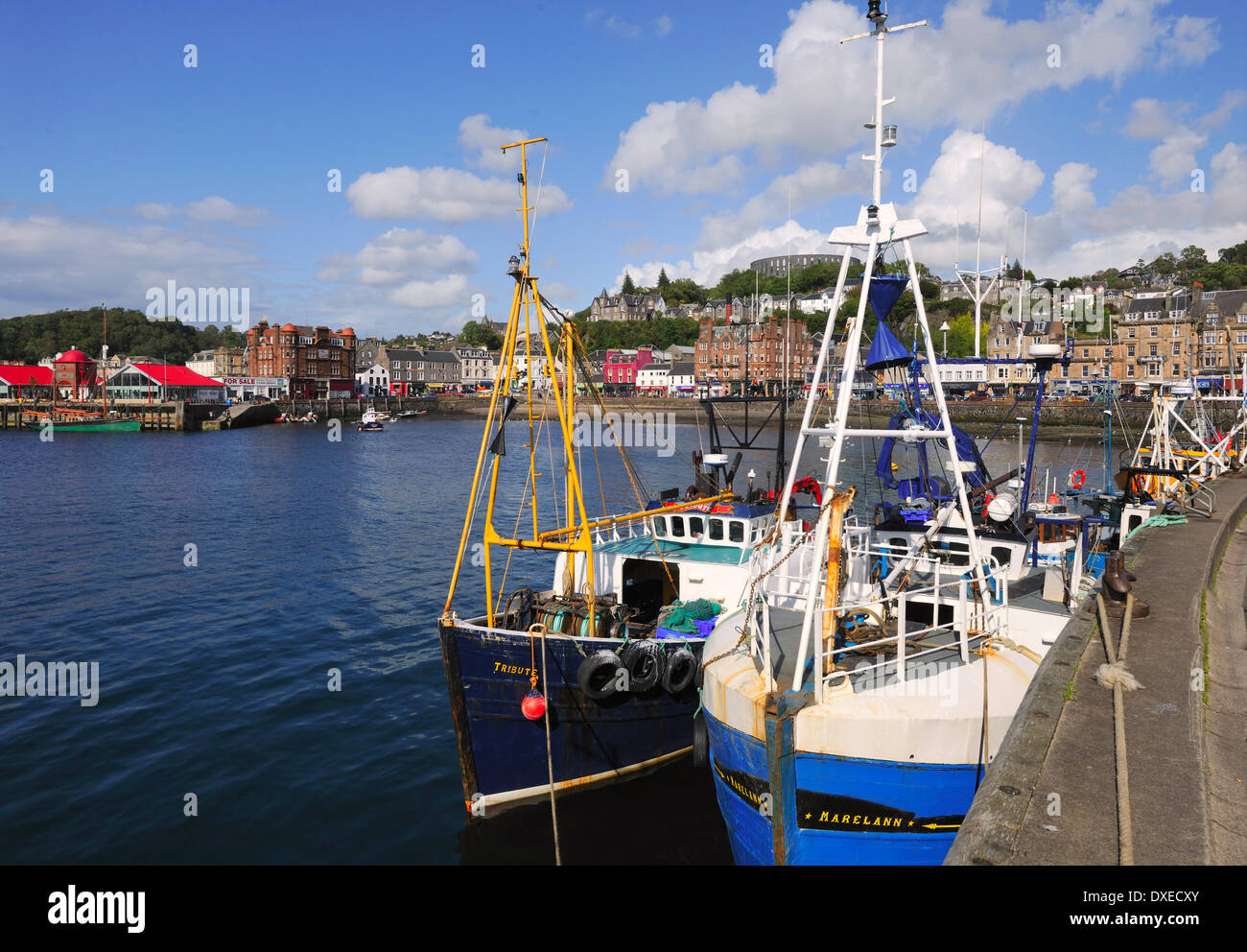 Coloratissime barche di pescatori a Oban South Pier, Oban, Argyll Foto Stock