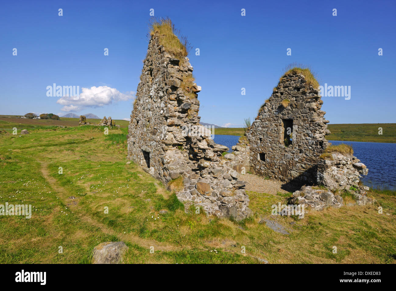 Resti di insediamenti medievali su Eilean Mor su loch Finlaggan, Islay Foto Stock