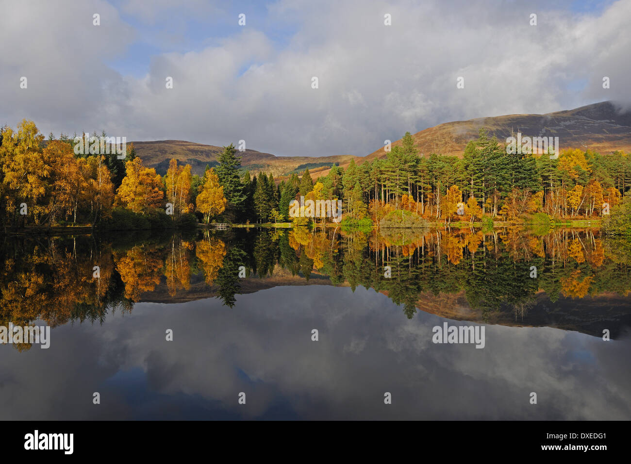 Autunno riflessioni Lochan sentiero foresta a piedi,Glencoe Foto Stock