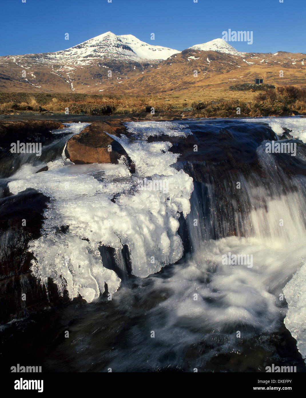 Cascate ghiacciate in Glen More con ben più.Isola di Mull,Argyll Foto Stock