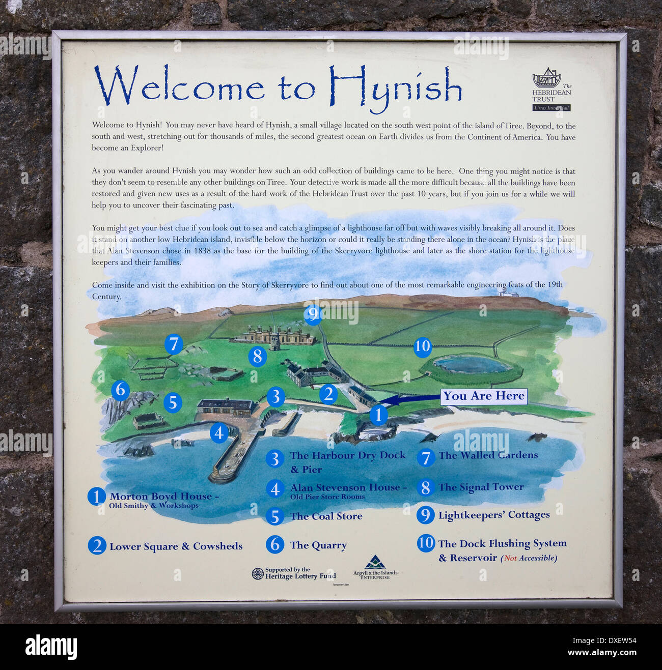 Segnaletica e mappa dettagliata di Hynish sull isola di Tiree.interno-Ebridi. Foto Stock