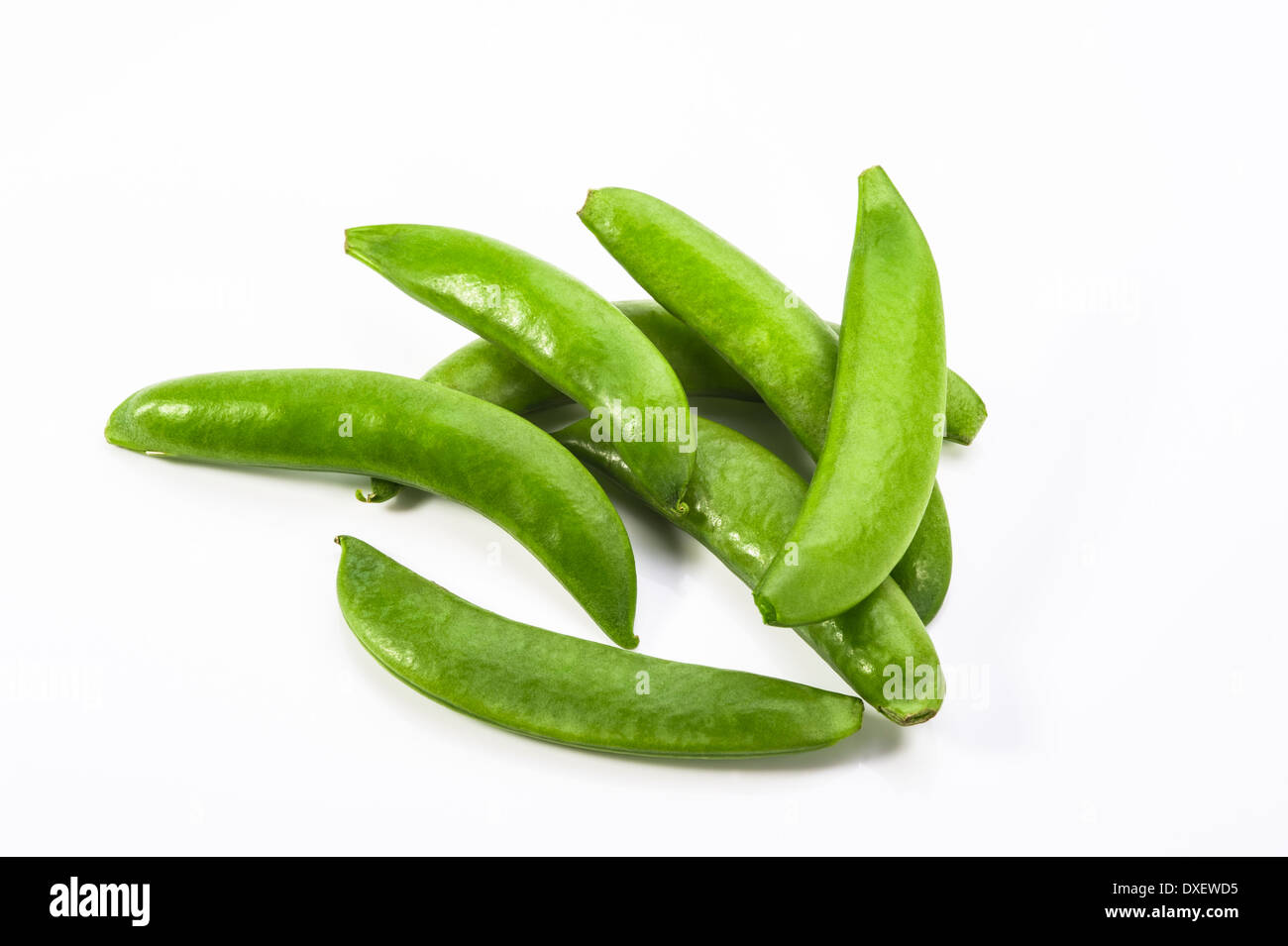 Pisum sativum var. macrocarpon, zucchero snap piselli. Foto Stock