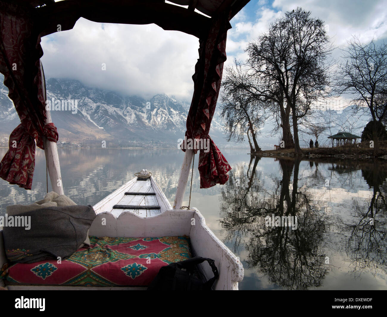 India, Kashmir Srinagar, Shikara avvicinando Char Chinar Isola Foto Stock