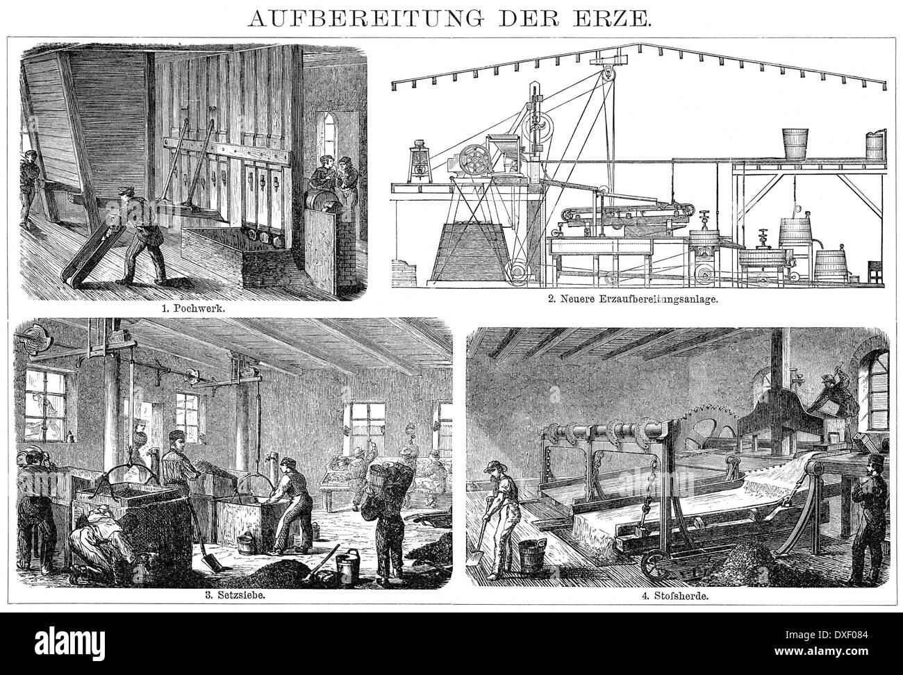 Illustrazione storica del XIX secolo, trattamento di minerali, Foto Stock