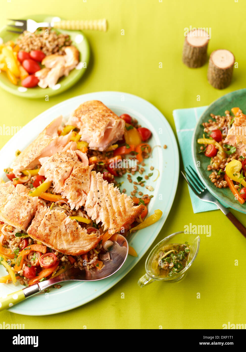 Vista aerea del salmone alla griglia con insalata, Studio Shot Foto Stock
