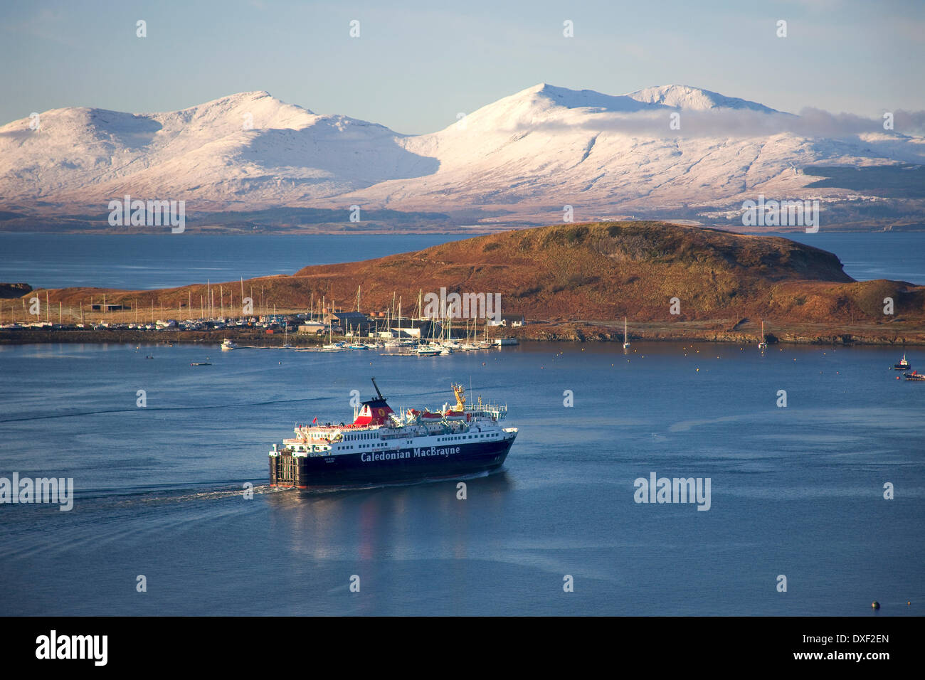 M.V.Isle of Mull si diparte Oban con ben più a Mull in vista, Argyll Foto Stock