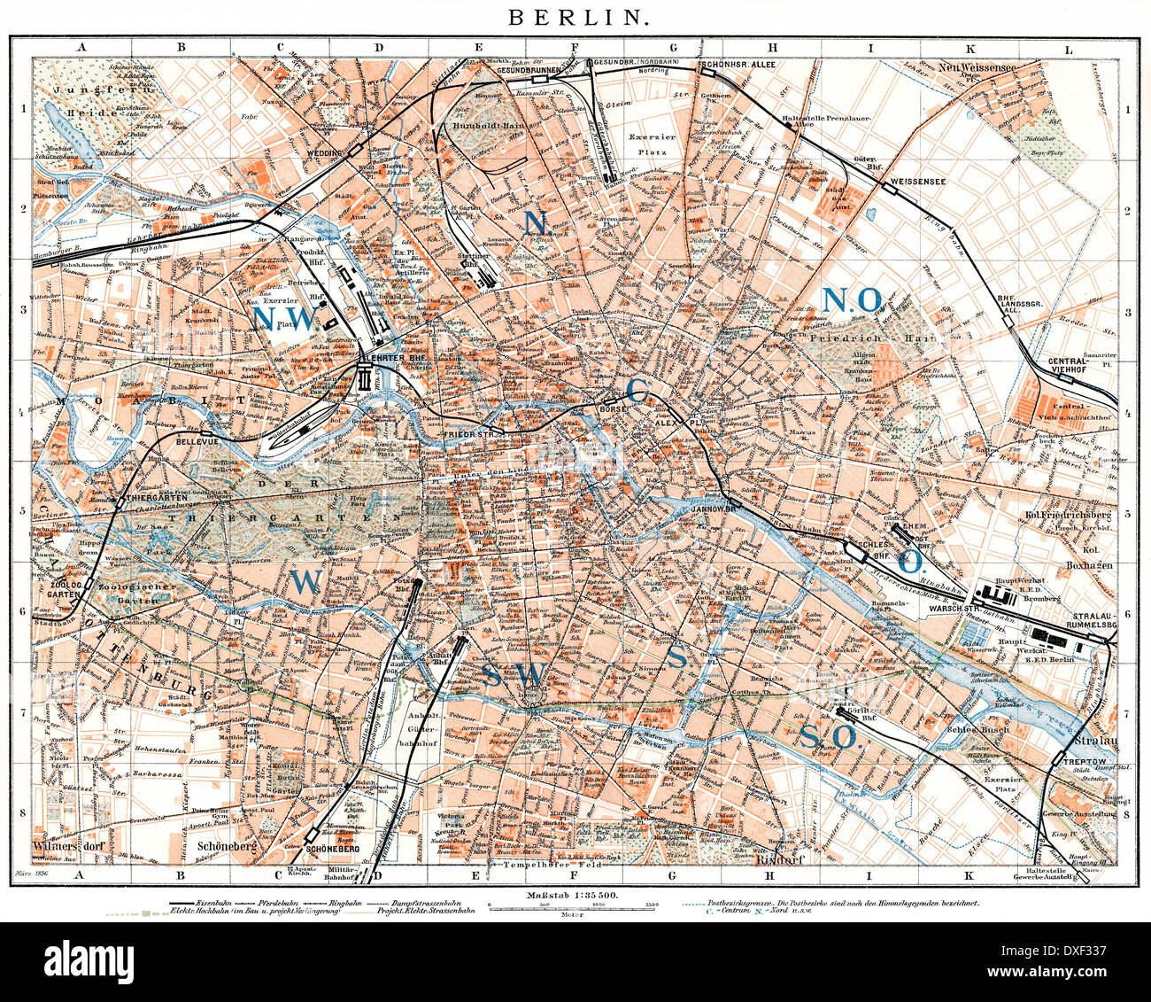 Mappa storico di Berlino, Germania, 1896, XIX secolo Foto Stock
