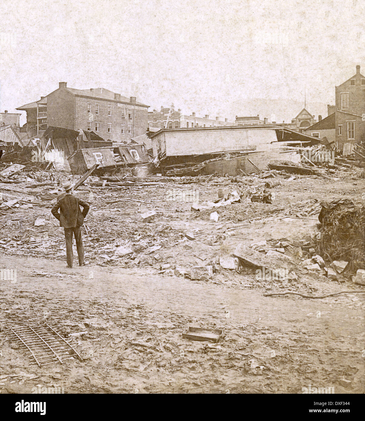 Circa 1890 foto di antiquariato, la grande alluvione Johnstown Maggio 31, 1889 a Johnstown, Pennsylvania, PA, Stati Uniti d'America. Foto Stock