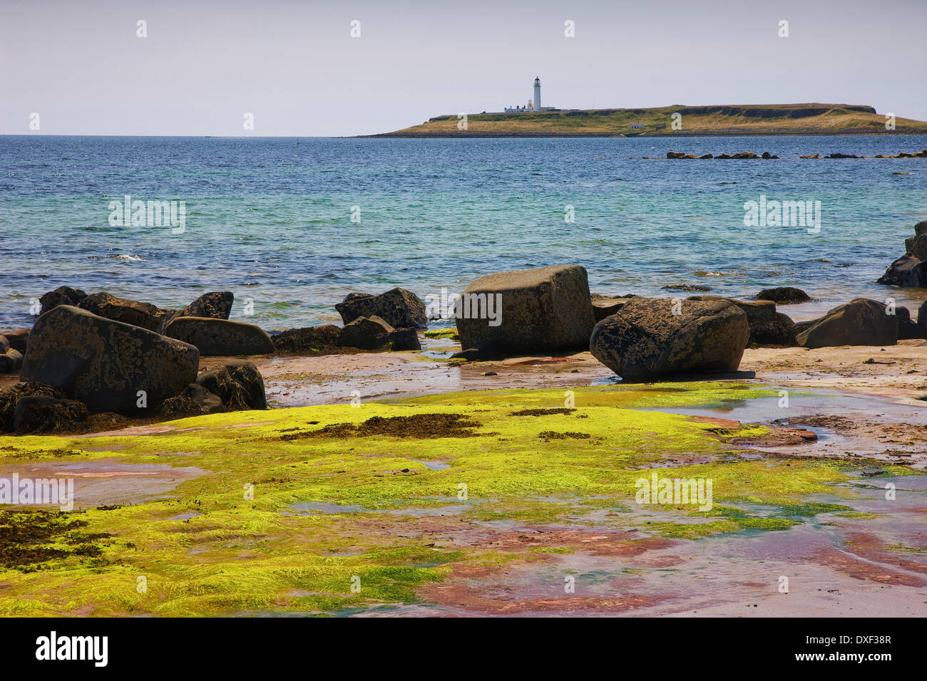 Verso Pladda island e il faro dalla riva vicino Kildonan,isola di Arran. Foto Stock