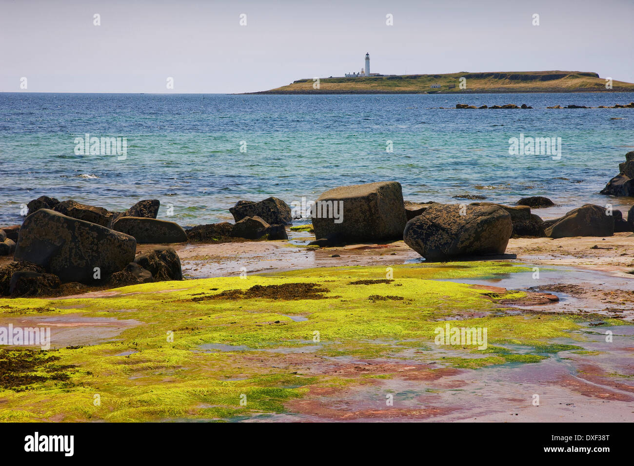 Verso Pladda island e il faro dalla riva vicino Kildonan,isola di Arran. Foto Stock
