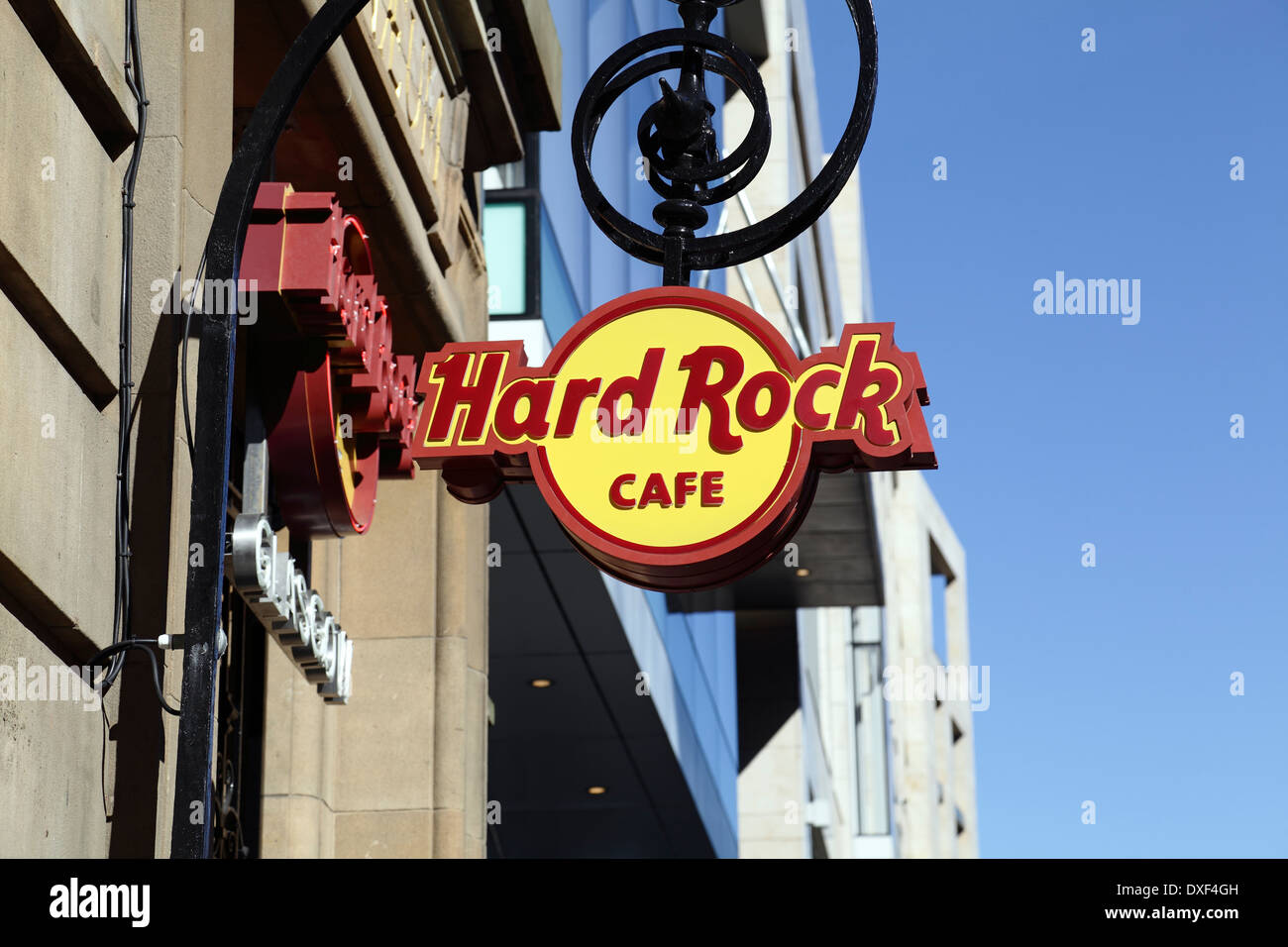 Hard Rock Cafe segno nel centro della città di Glasgow, Scotland, Regno Unito Foto Stock