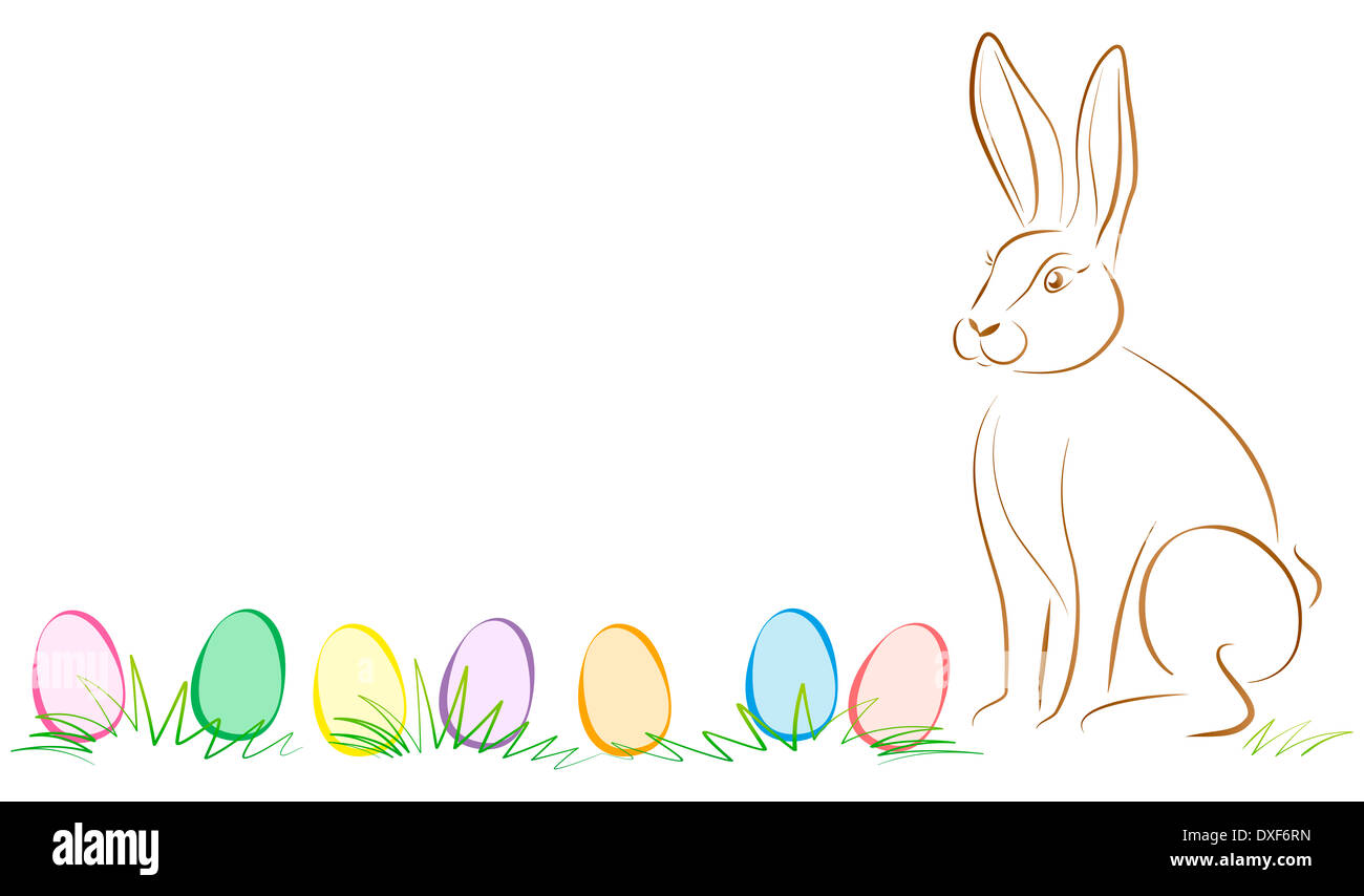 Illustrazione del coniglietto di pasqua e sette colorate uova di pasqua sdraiarsi sull'erba. Foto Stock