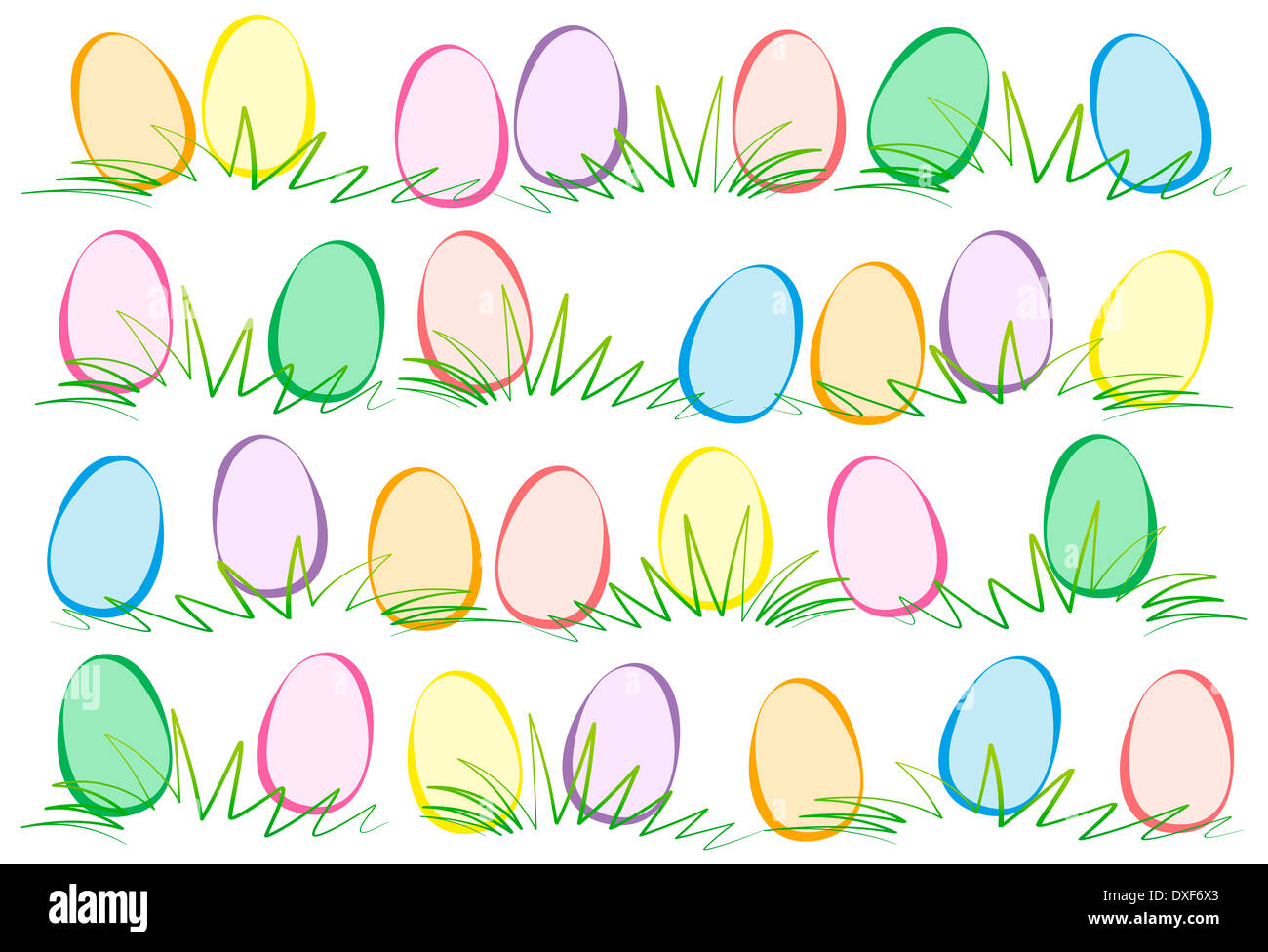 Illustrazione dello sfondo colorato e uova di pasqua sdraiarsi sull'erba. Foto Stock