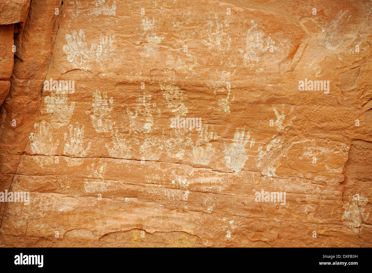 Palm stampe e disegni, casa di molte mani, resti di nativi americani, circa 1500 anni, Mistero Valley, Arizona, Stati Uniti d'America Foto Stock
