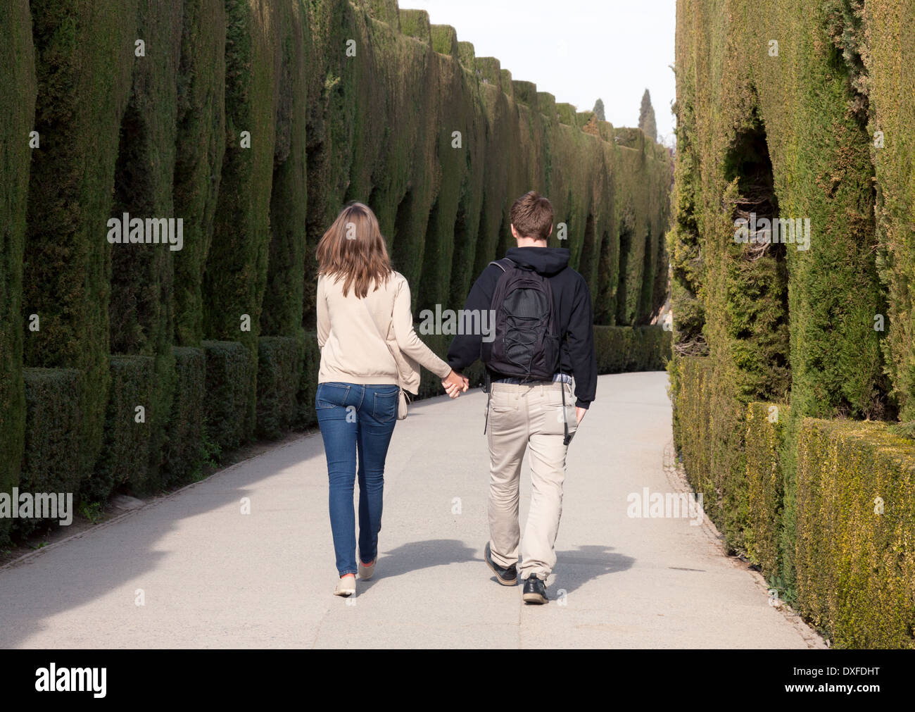 Coppia giovane camminando mano nella mano che tiene le mani dal retro, posteriore, Spagna Europa Foto Stock