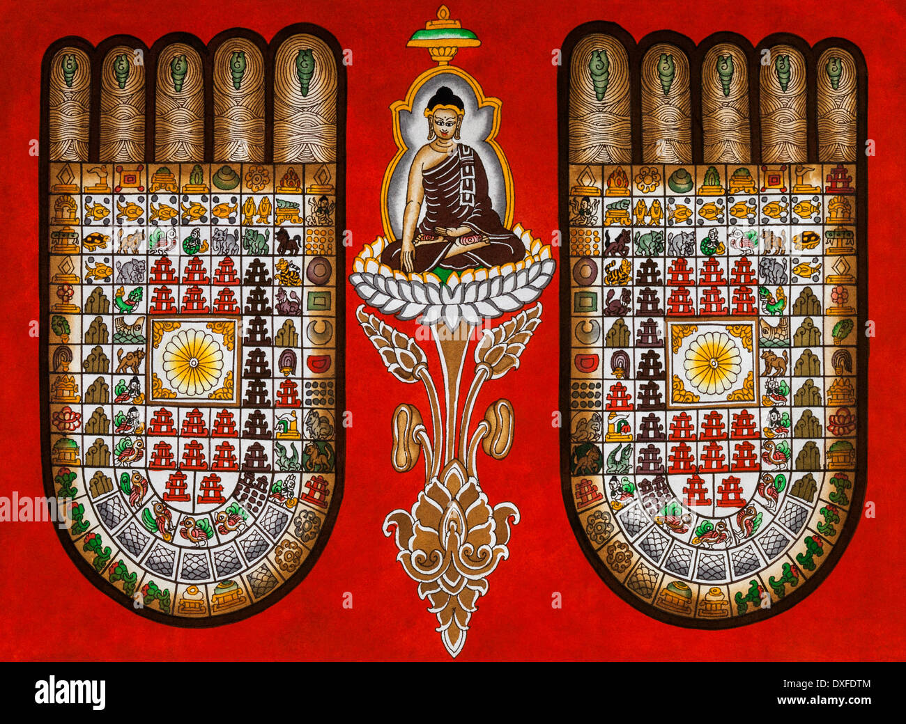 Di birmani la pittura con la sabbia - il simbolismo dei piedi del Buddha. Foto Stock