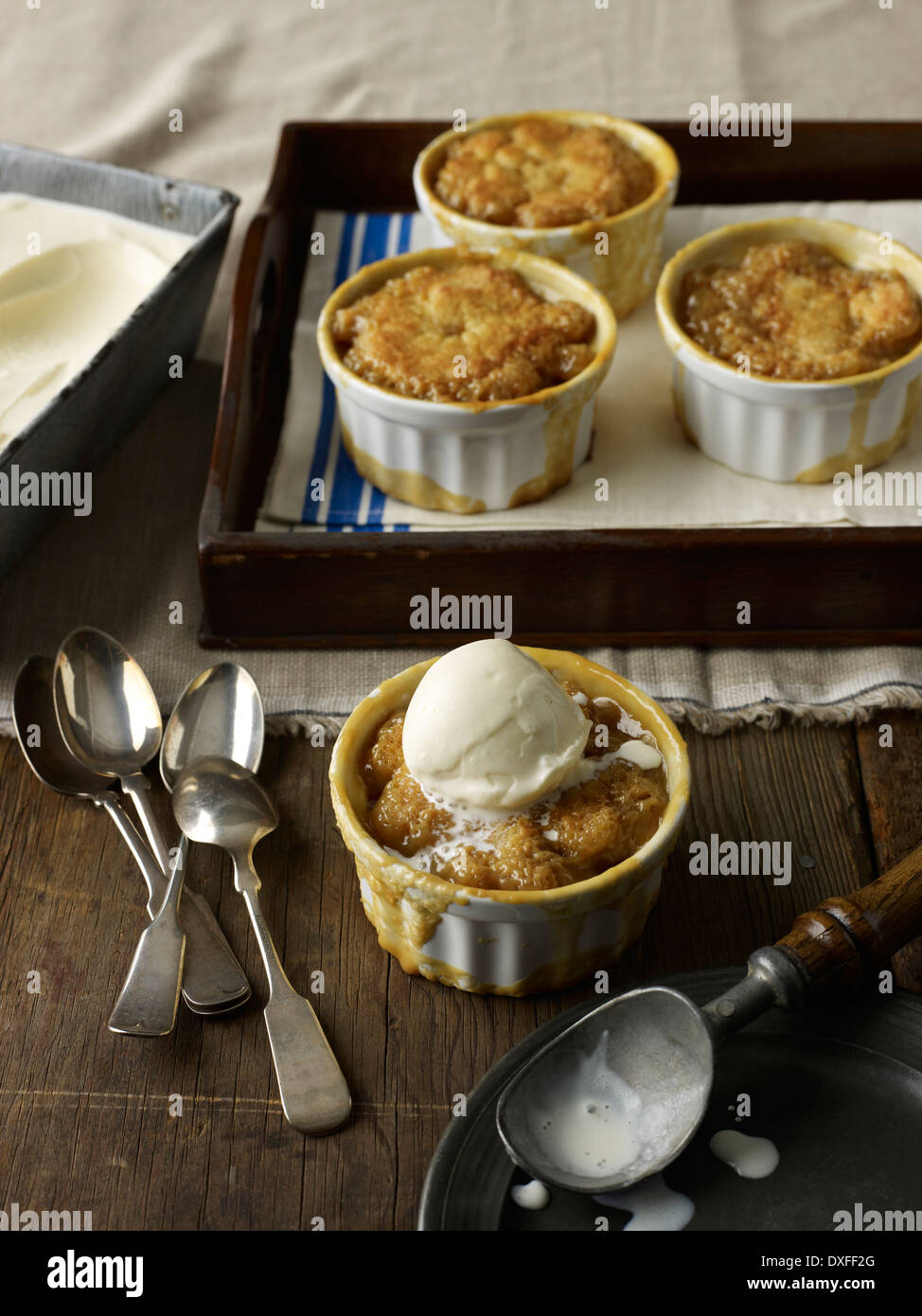 Lo zucchero di canna nel budino ramekins con gelato, studio shot Foto Stock