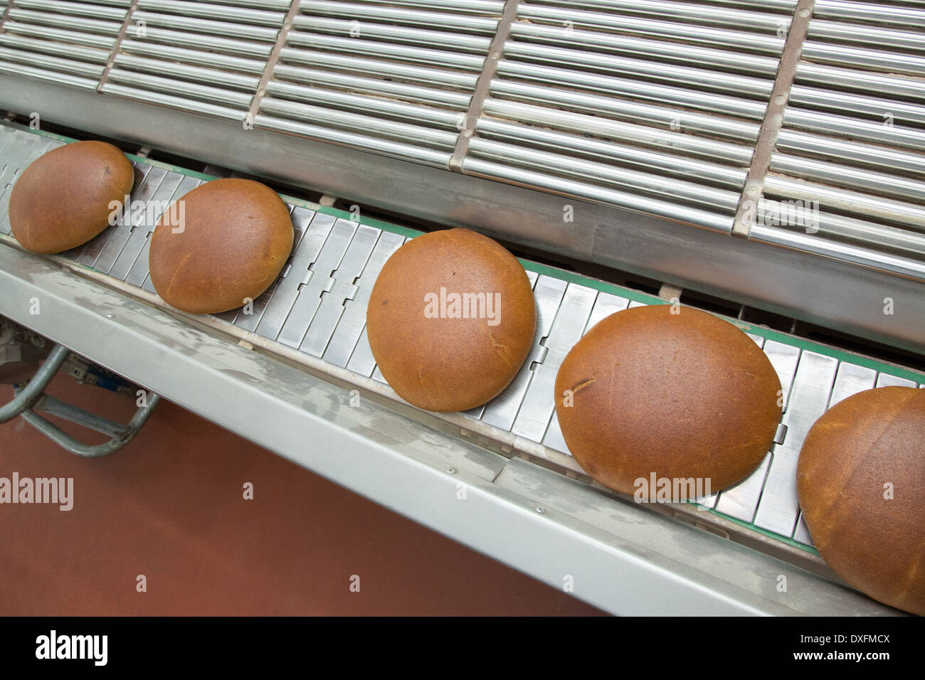 Calda fresca pasta di pane cotto al forno con polpettine sulla linea di produzione Foto Stock