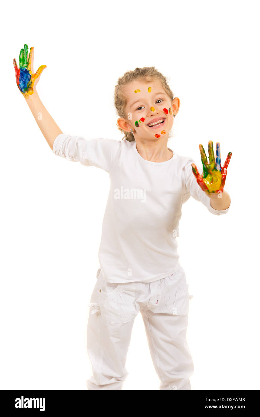 Ragazza ridere con mani dipinte isolati su sfondo bianco Foto Stock