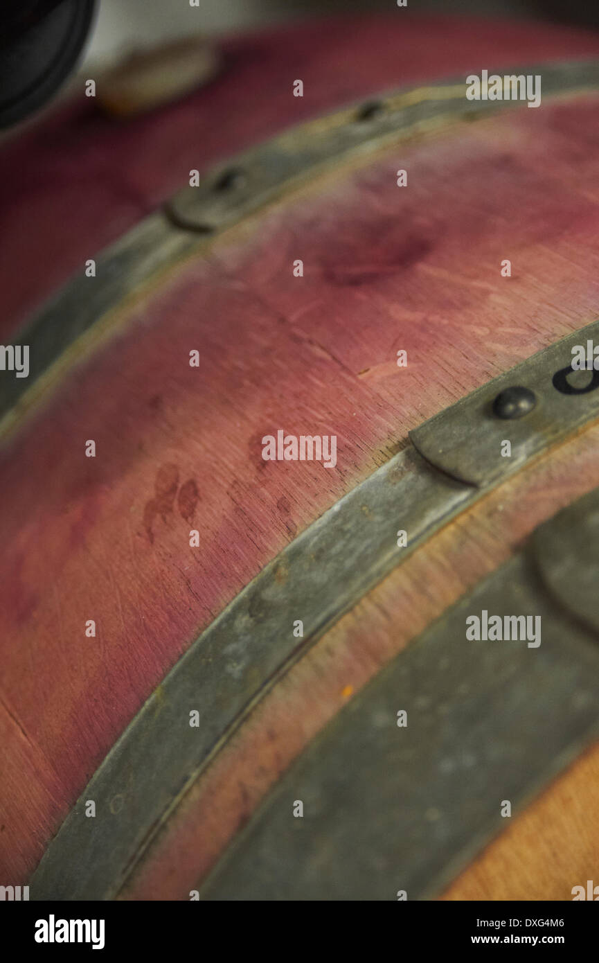 Vino immagazzinato in barili di legno sul vigneto Foto Stock
