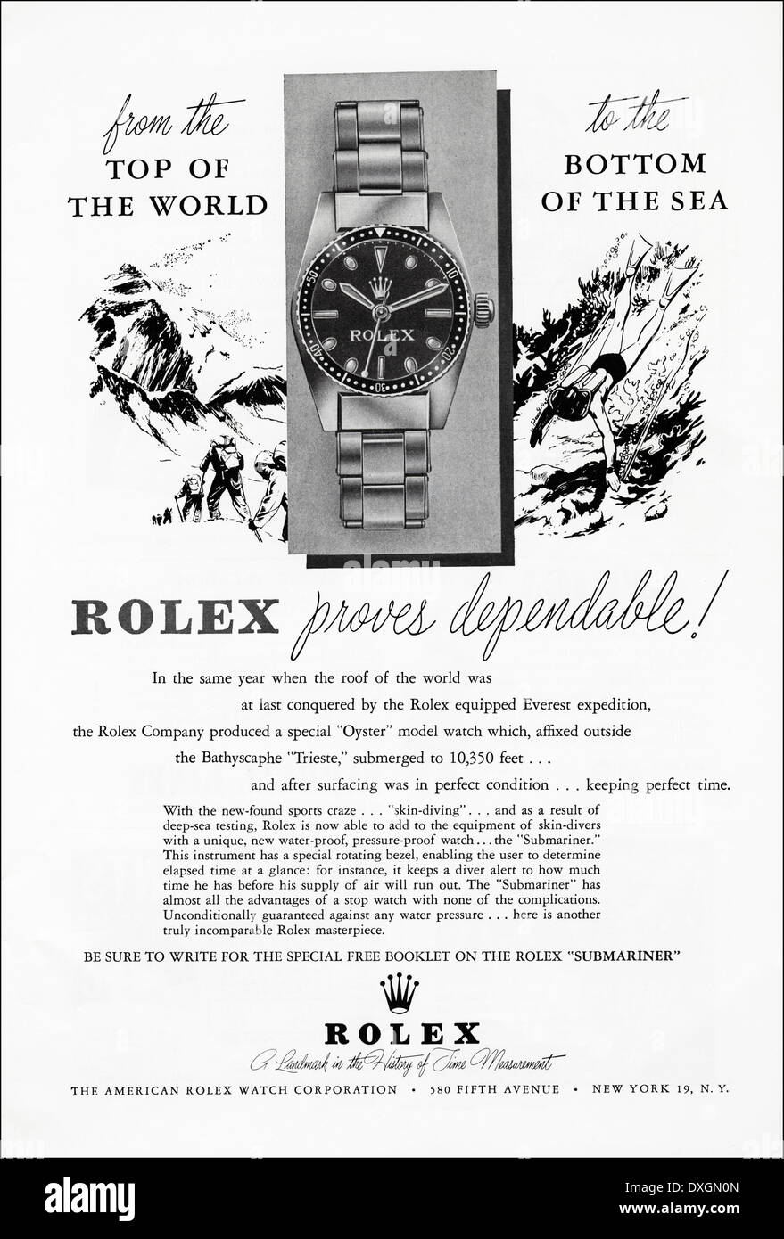 Anni Cinquanta la pubblicità per gli orologi Rolex annuncio nella rivista  americana nel 1954 circa Foto stock - Alamy