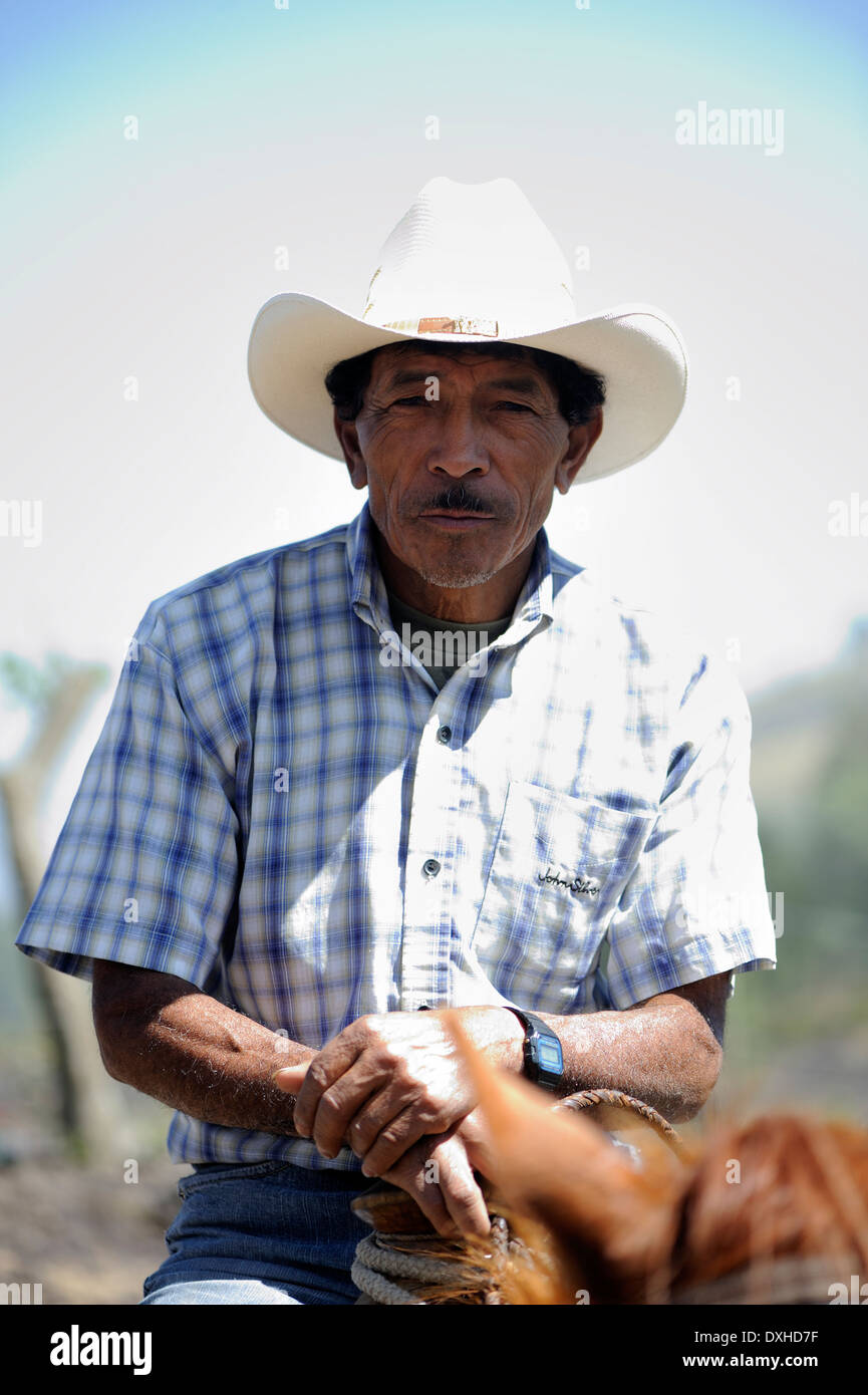Una guida attende con il suo cavallo per turisti che vogliono salire Volcan de Pacaya. Foto Stock